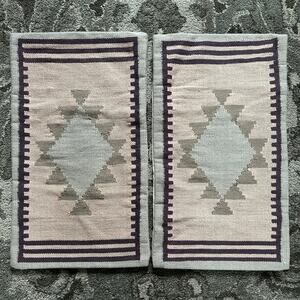 2 Navajo Southwest Pillow Covers Shams wool cotton 14x25” blue cream purple set